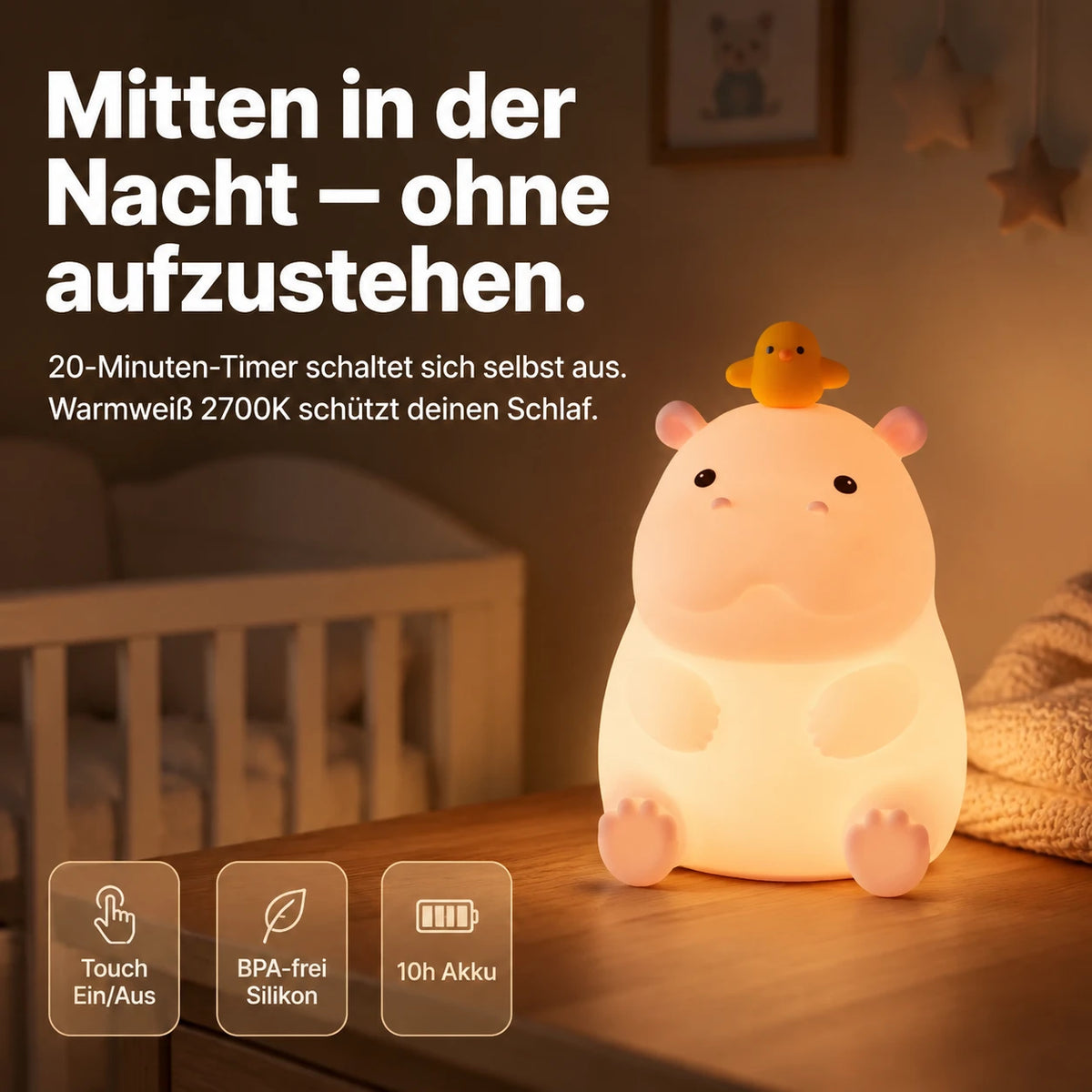 Nachtlicht Nilpferd – Touch, USB, Silikon, LED Lampe