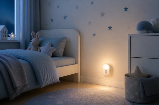 Nachtlicht mit Bewegungsmelder leuchtet automatisch in einem ruhigen Kinderzimmer bei Nacht