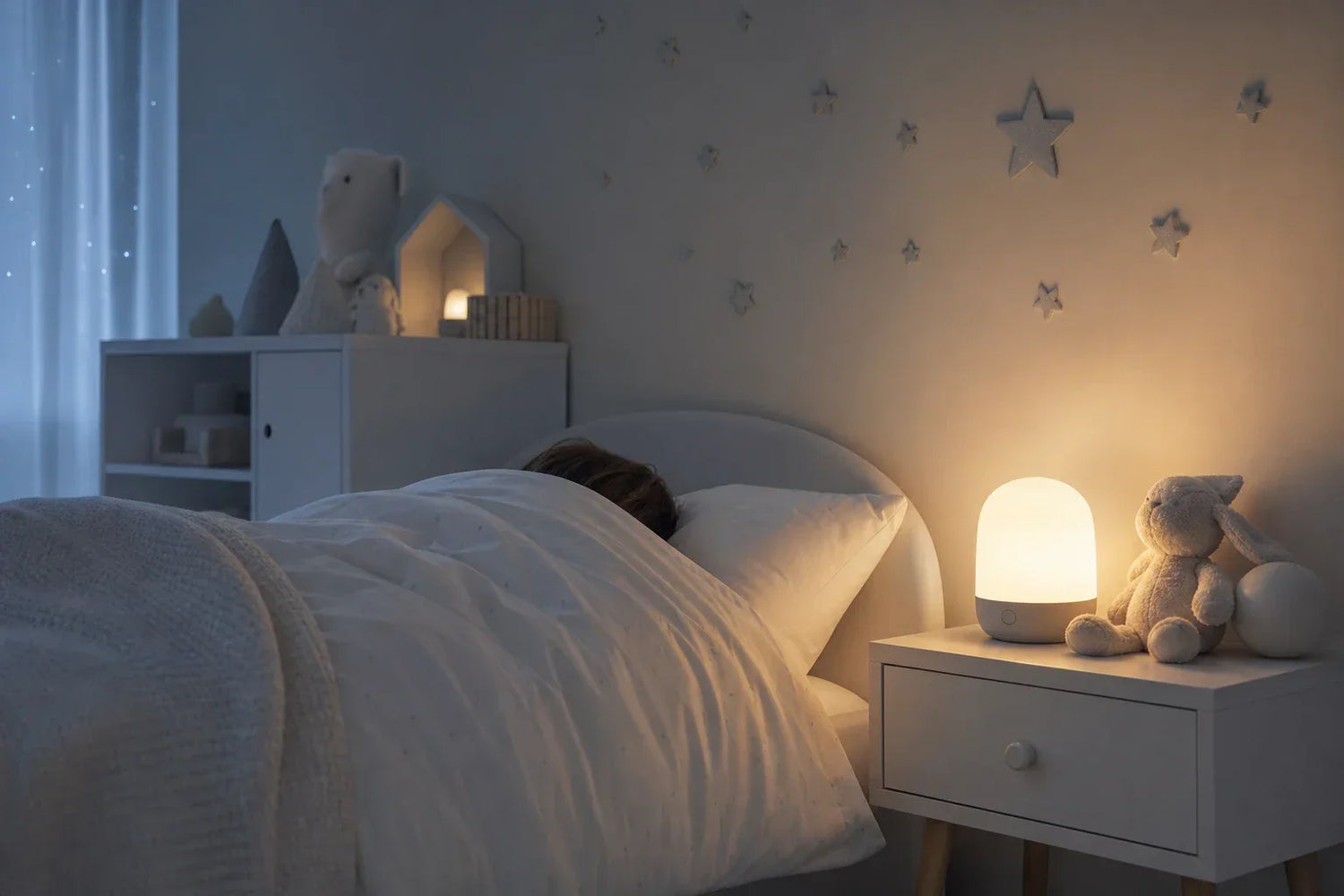 Kind schläft friedlich mit warmem Nachtlicht in einem skandinavischen Kinderzimmer