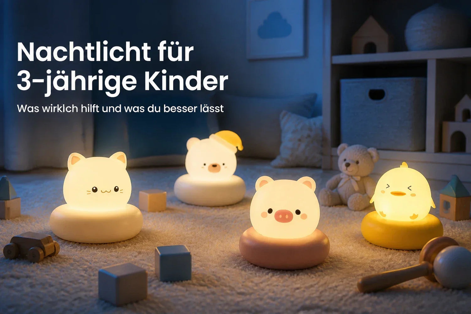 Kleine süße Tier-Nachtlichter für 3-jährige Kinder leuchten sanft auf einem weichen Teppich