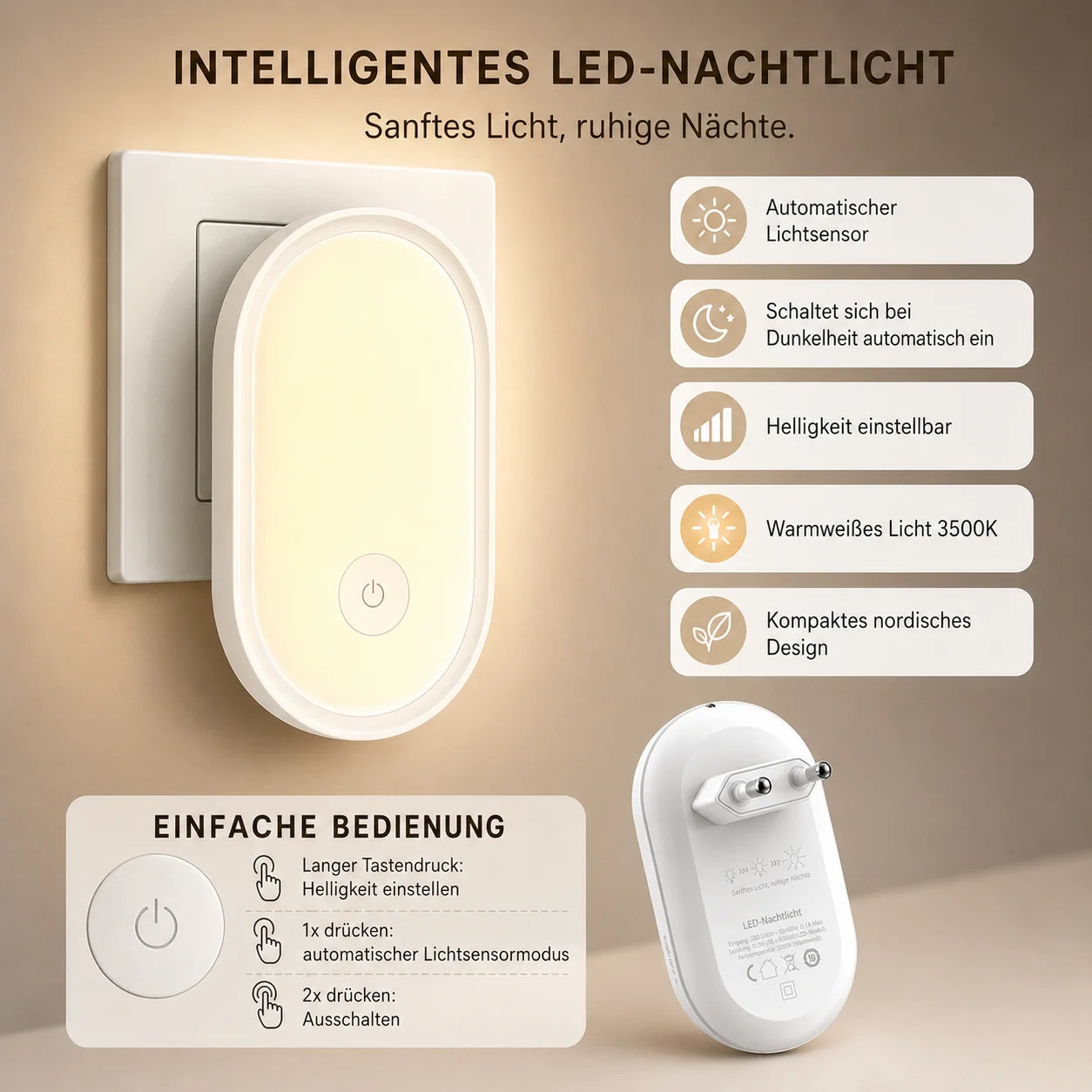 Nachtlicht Steckdose VIRMA – Lichtsteuerung, LED, EU Plug