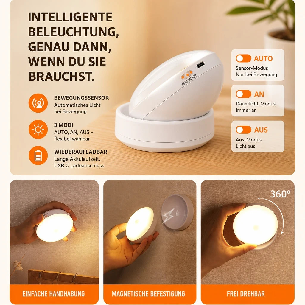 Nachtlicht Bewegung 360° – Magnetisch, USB, LED, kabellos