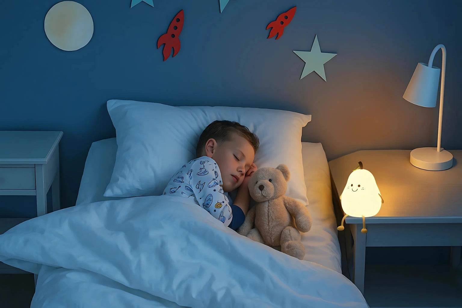 Das CosyLicht Nachtlicht leuchtet sanft auf dem Nachttisch, während ein Kind friedlich im Bett schläft.