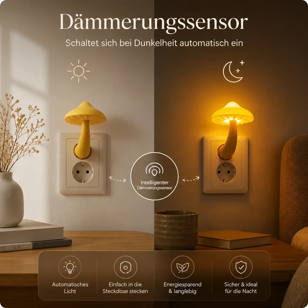 Nachtlicht Steckdose Pilz – Lichtsensor, LED, EU Plug