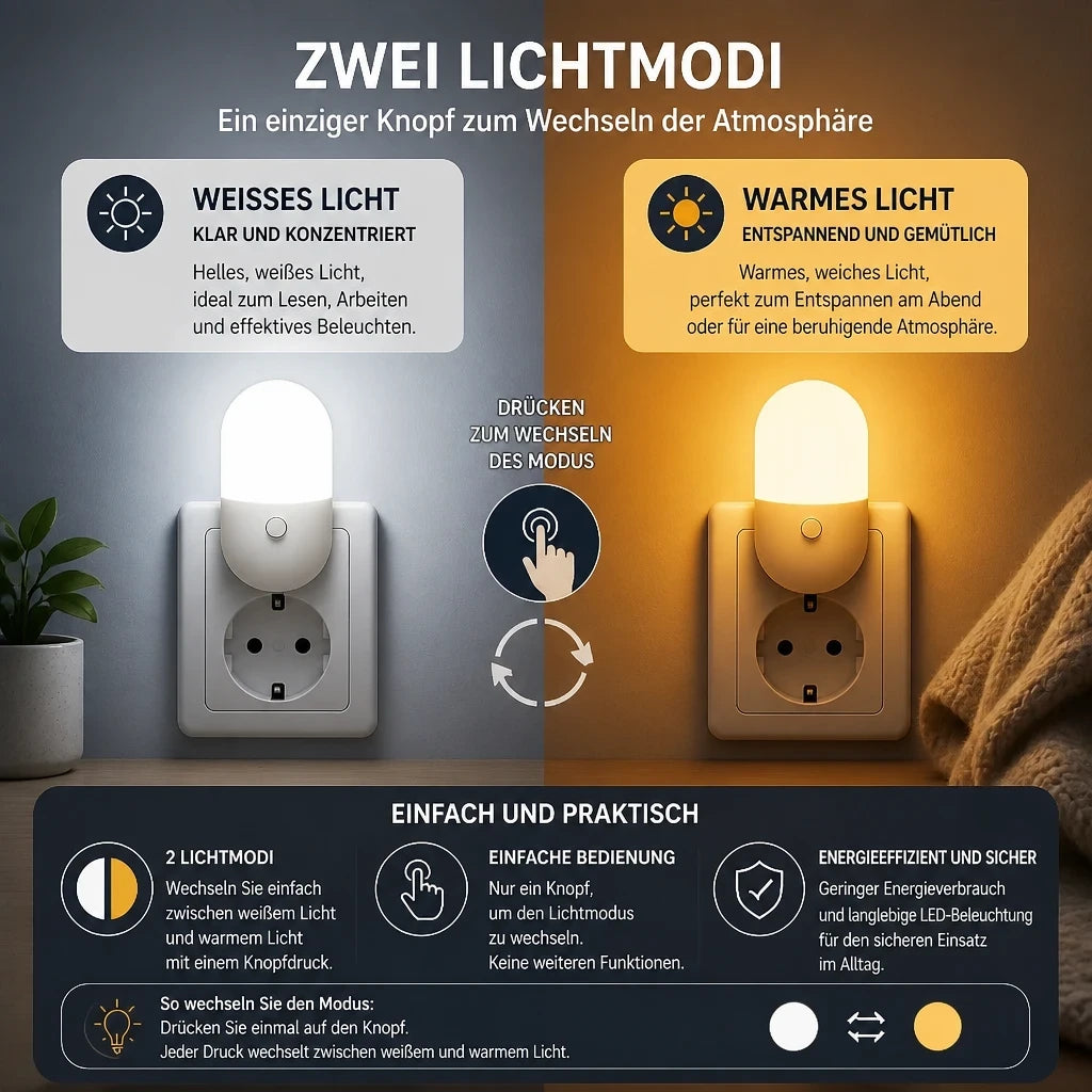 Steckdosen mit Nachtlicht – Schalter, LED, Augenschutz
