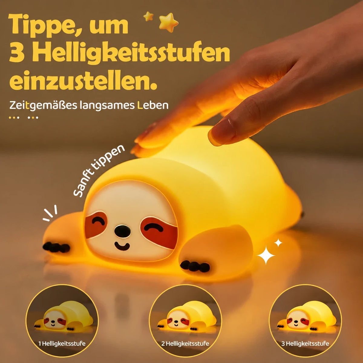 Stilllicht Faultier – Touch, Dimmbar, USB, Timer, Silikon