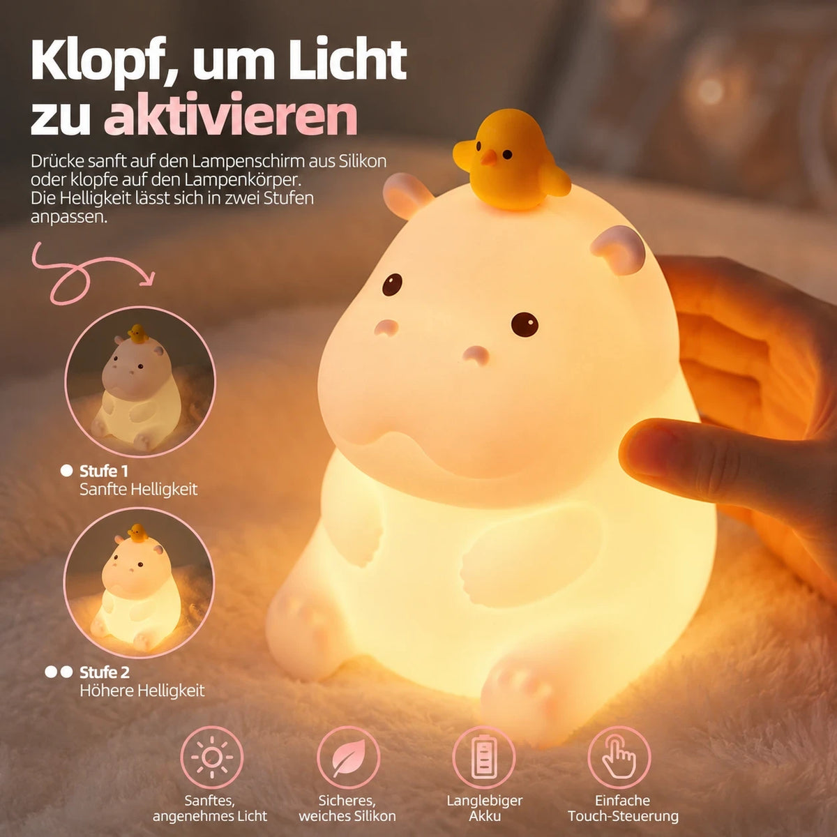 Nachtlicht Nilpferd – Touch, USB, Silikon, LED Lampe