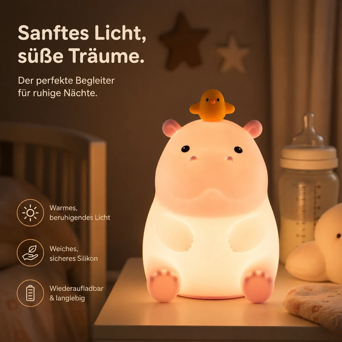 Nachtlicht Nilpferd – Touch, USB, Silikon, LED Lampe
