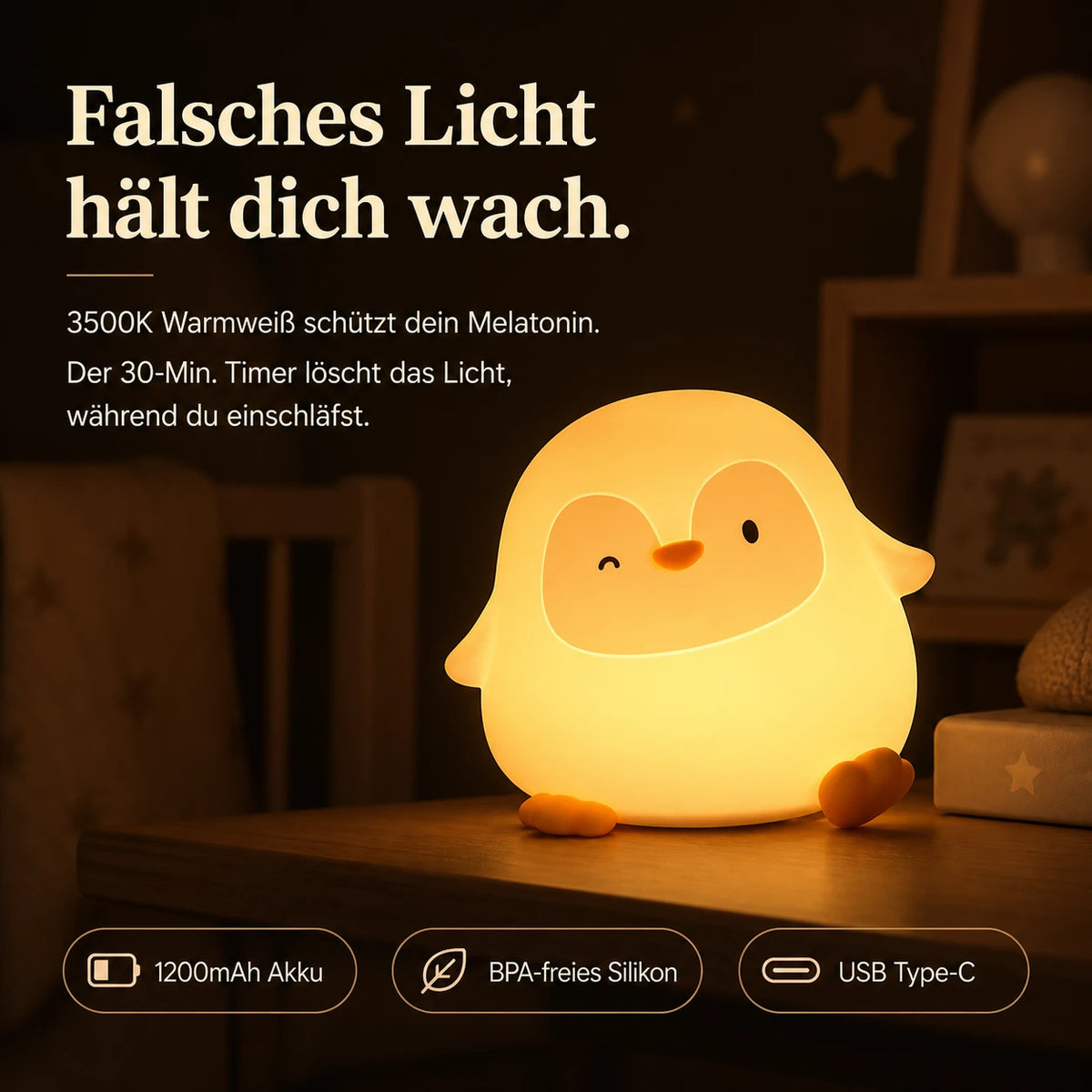 Nachtlicht Pinguin – USB, Dimmbar, Silikon, LED Lampe