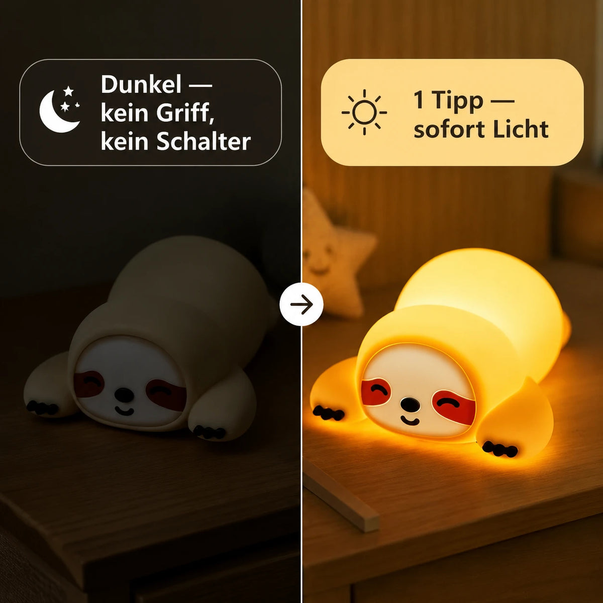 Stilllicht Faultier – Touch, Dimmbar, USB, Timer, Silikon