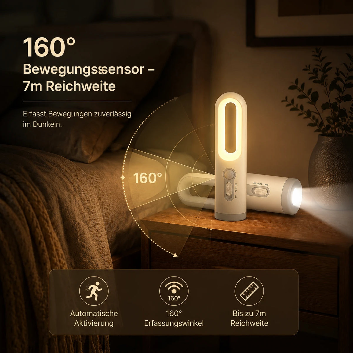 Stilllicht Taschenlampe – Bewegungssensor, 2-in-1 LED